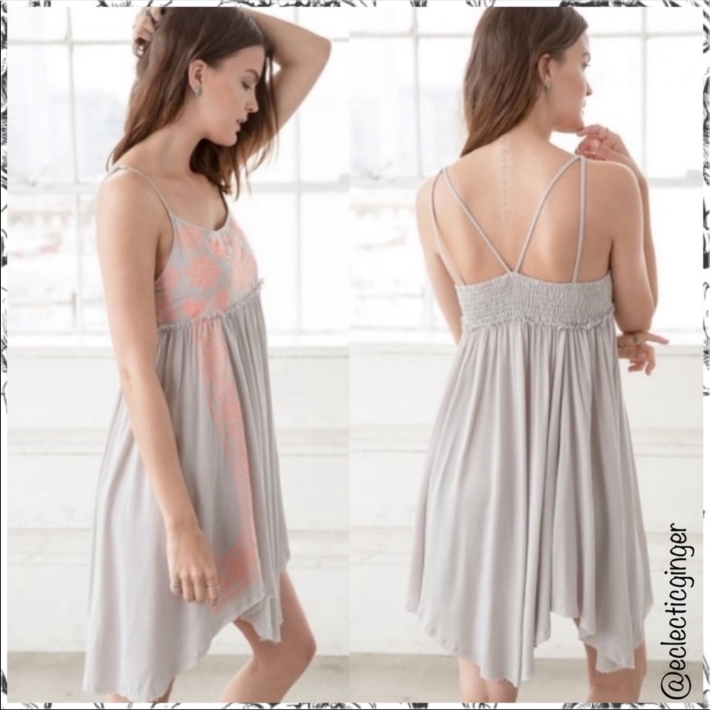 Gray & coral smocked strappy babydoll dress S/M/L